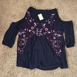 Lucky Brand blue floral shoulder cut-out blouse